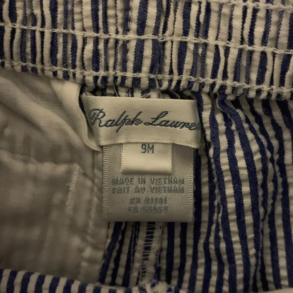 Ralph Lauren Kids Blue White Seersucker Nautical Belted Shorts 9M Preppy Coastal